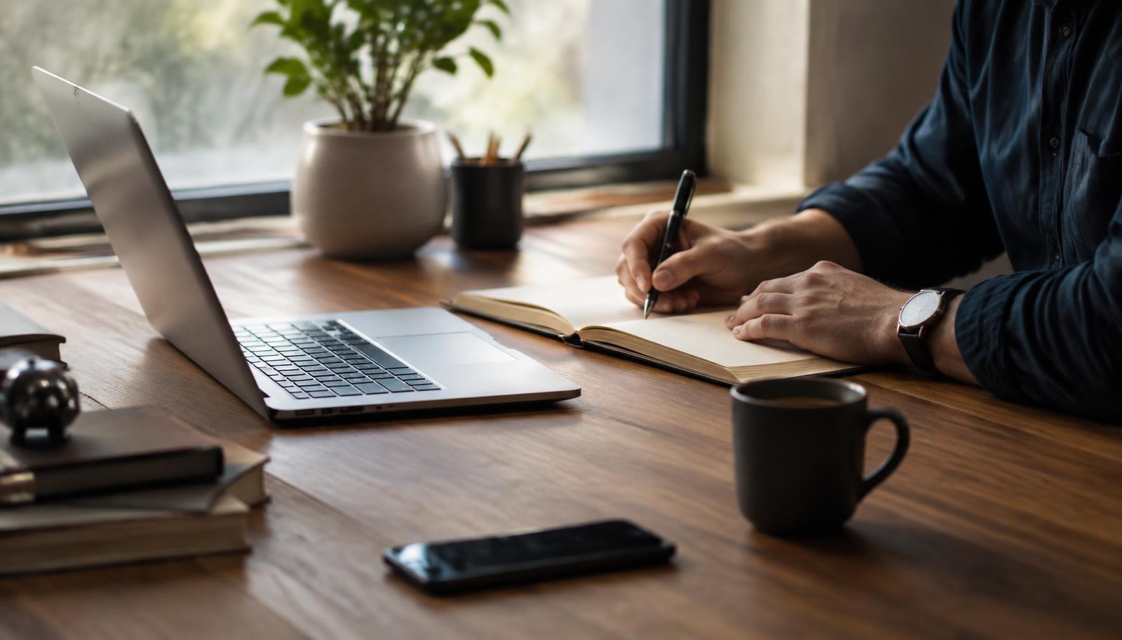 Werktafel van een ondernemer met laptop en notitieboek