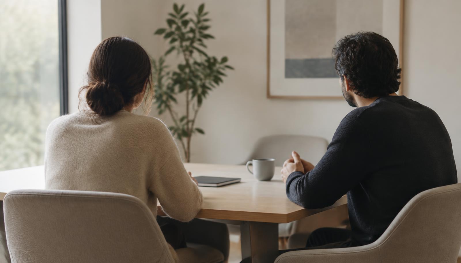 Rustig gesprek tussen twee mensen aan tafel